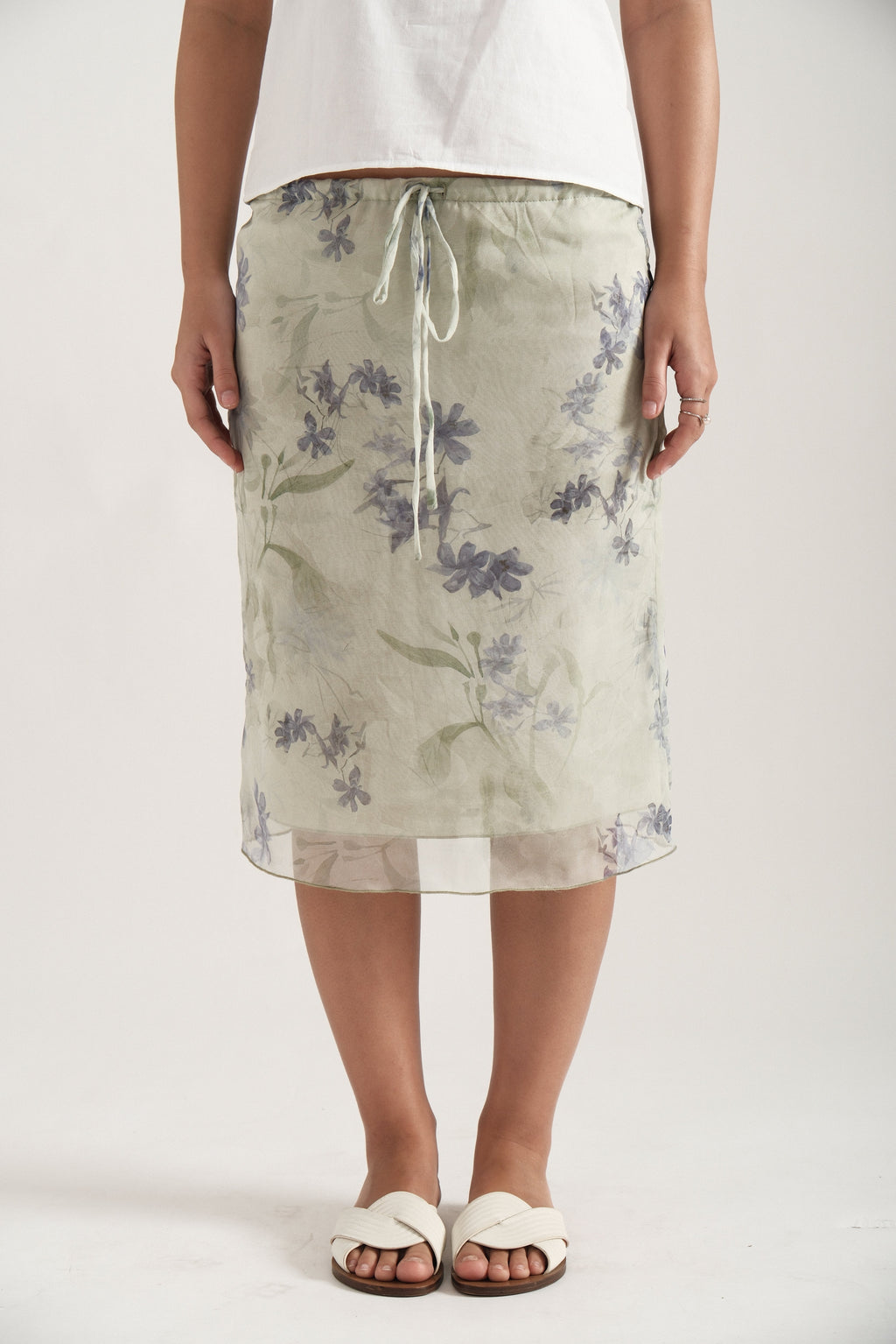 Spring Silk Midi Skirt in Sage