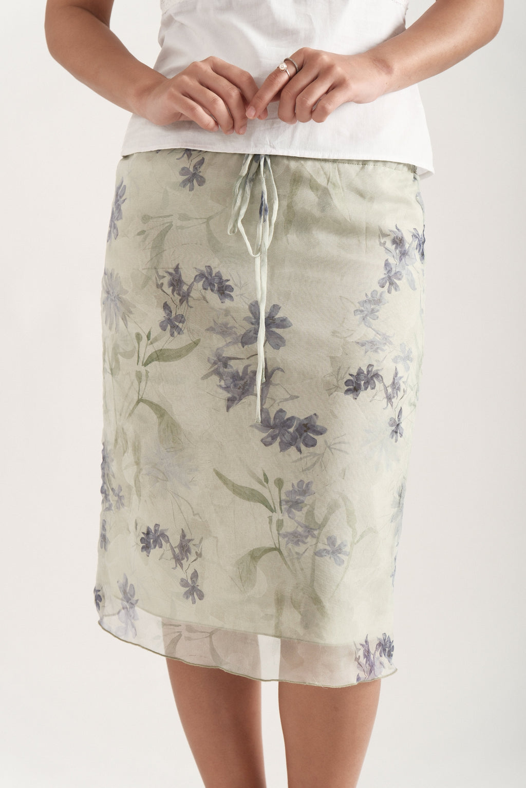 Spring Silk Midi Skirt in Sage